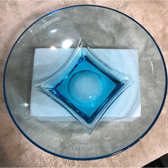 Hazel Ware Salad Bowl Set Capri Colonial Azure Blue Glass Square Base Elegant - Picture 5 of 16